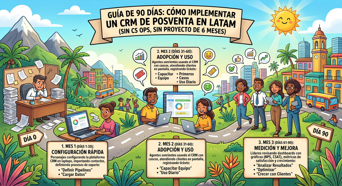 Cómo implementar un CRM de posventa en LATAM: la guía de 90 días (sin CS Ops, sin proyecto de seis meses)