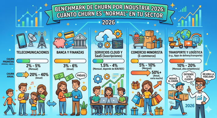 Benchmark de churn por industria 2026: tasas de referencia, fórmulas y cómo reducirlo
