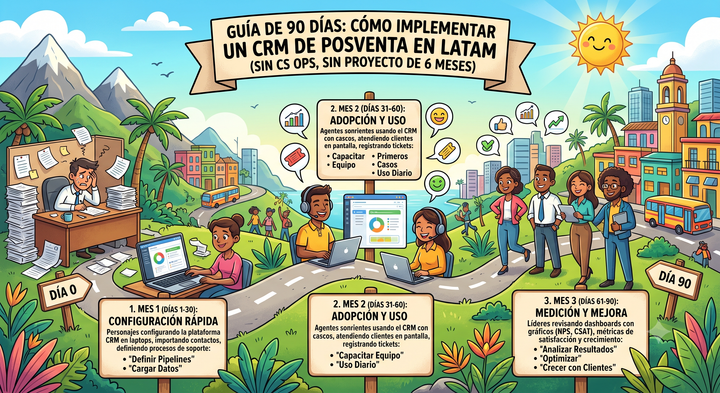 Cómo implementar un CRM de posventa en LATAM: la guía de 90 días (sin CS Ops, sin proyecto de seis meses)